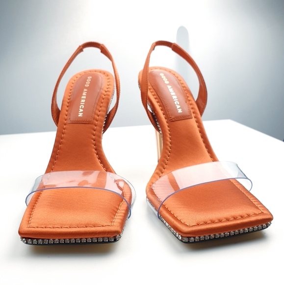 Good American crystal crush lucite   stiletto satin vinyl strap sandals 7.5 - Picture 5 of 14